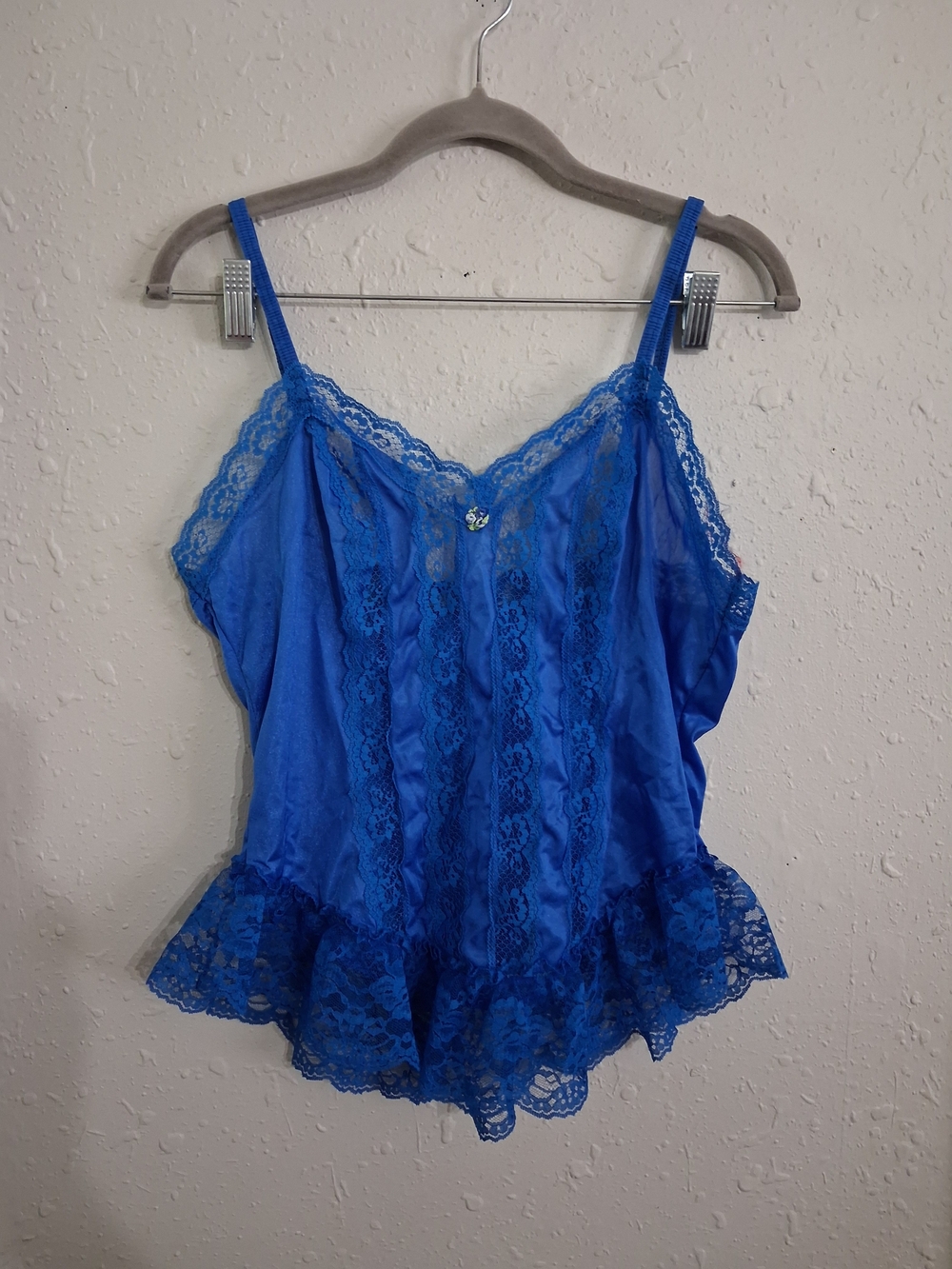 Vintage coral blue coquette lingerie lace satin tank top blouse rosette 80s usa